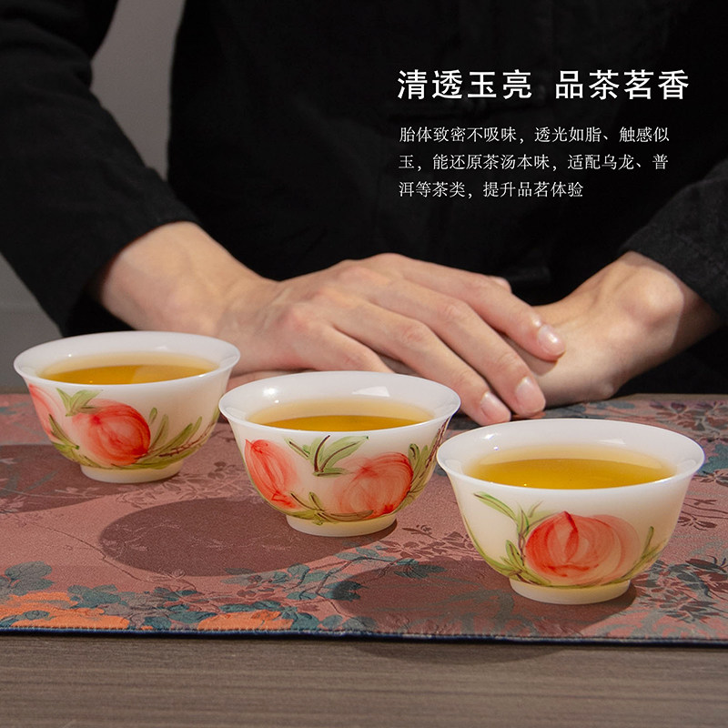 冰种羊脂玉瓷手绘主人杯粉彩寿桃茶杯高档品茗杯新款中式茶具礼物