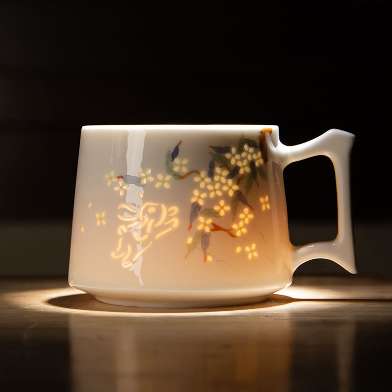 景德镇玲珑水杯手绘陶瓷马克杯高颜值带盖茶杯办公室文创泡茶杯