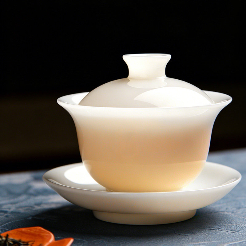 景德镇羊脂玉瓷三才盖碗白瓷素烧冰种高档茶具三件套家用泡茶茶碗图片