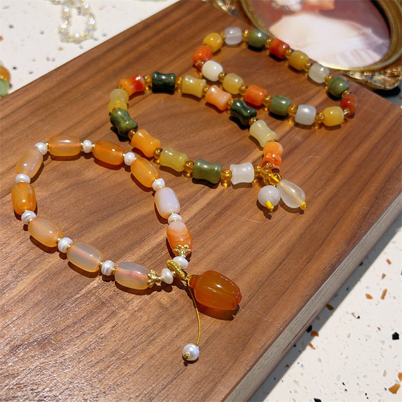 新款玛瑙珍珠手链天然金丝玉转运珠竹节手链送闺蜜弹力绳手串饰品