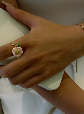 法式山茶花珐琅滴釉工艺开口戒指个性田园风精致可调节指环