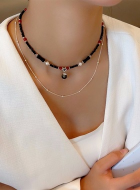 秋冬新款黑色系玛瑙串珠叠戴双层颈链高级感时尚项链百搭配饰品