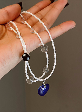 原创小众设计双层蓝色琉璃爱心锁骨链高级感2024新款爆款颈链