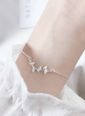 S925纯银银杏叶手链女森系闺蜜小清新个性chic简约叶子文艺银饰品