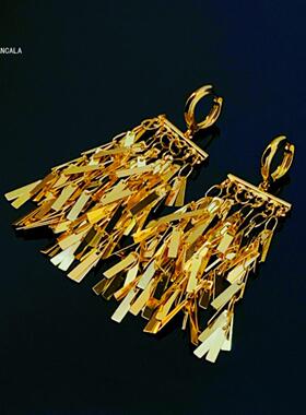 欧美轻奢风18K真金电镀麦穗T方流苏耳扣轻奢气质高级感耳饰