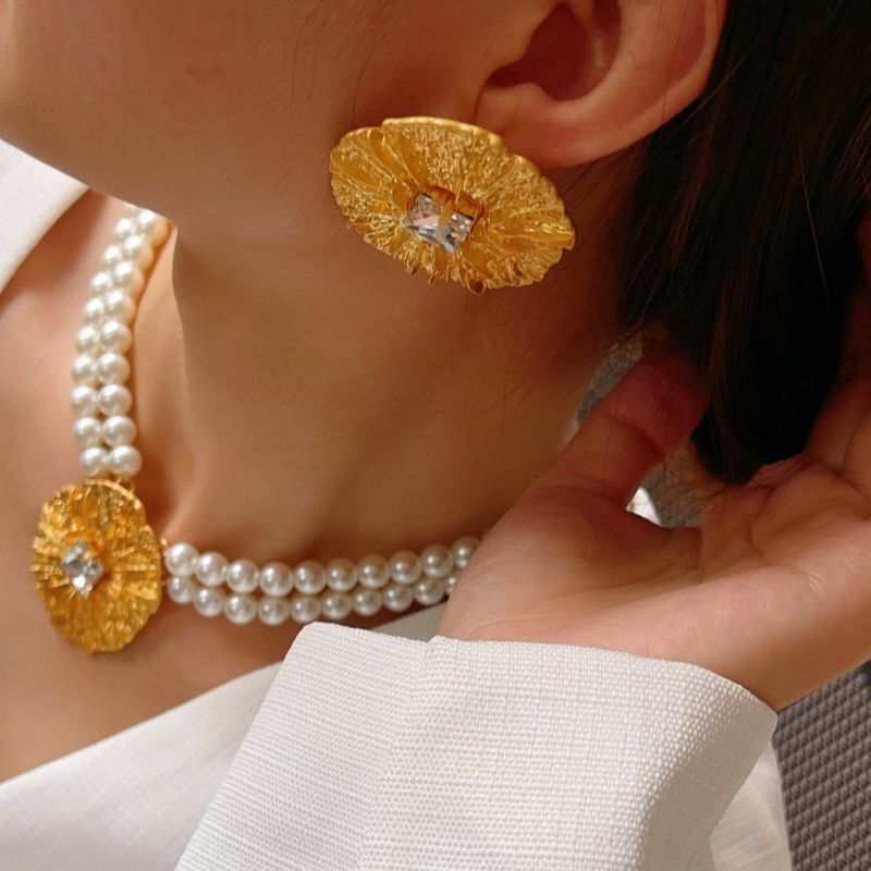 中古风vintag镀24K金属风锆石大珍珠项链夸张复古劲链套装饰品