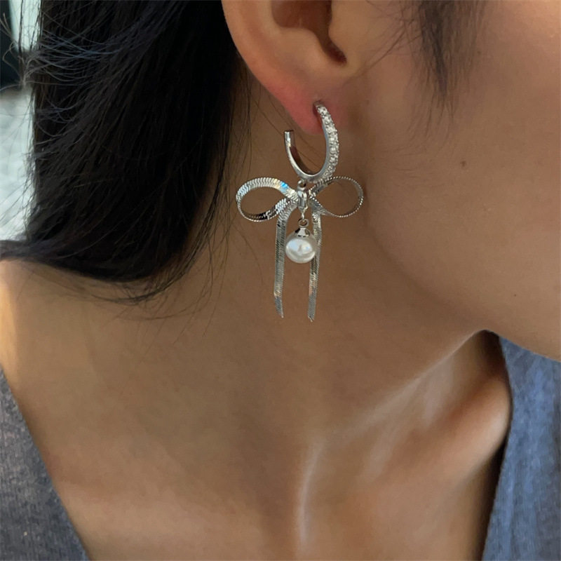 夏季新款甜美丝带蝴蝶结耳环珍珠吊坠C形耳圈S925银针高级感耳饰