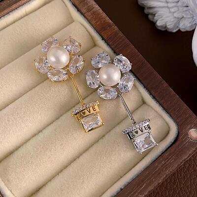 S925银针微镶锆石长款花朵小花盆