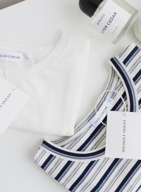 Guoxi定制| 法式C普鲁士蓝条纹基础白色五分袖修身螺纹t恤内搭