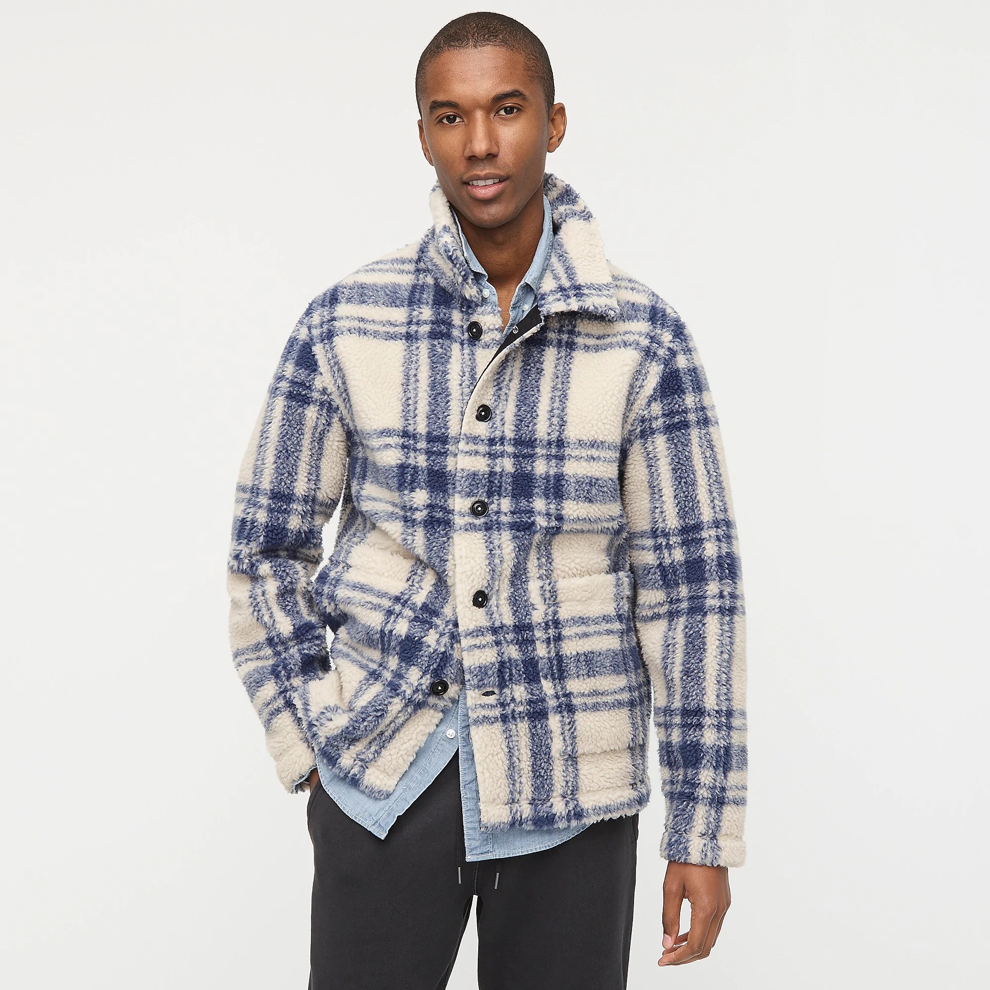 J.crew夏尔巴格纹保暖仿羊羔绒夹克外套男JCREW