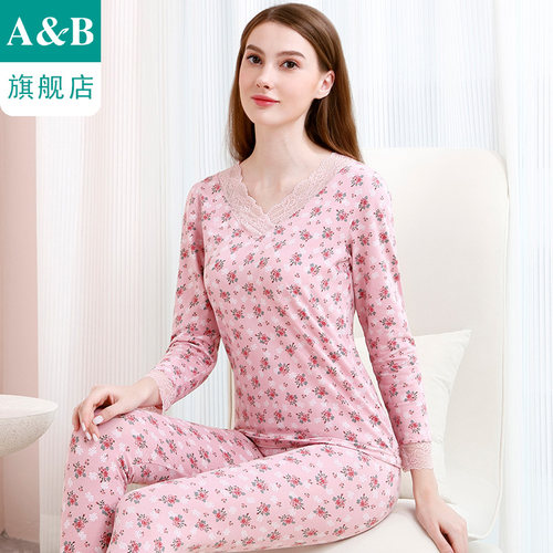 AB内衣蕾丝V领女士保暖套装