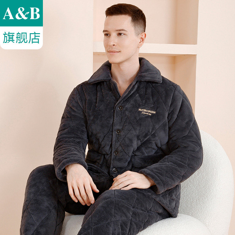 ab内衣珊瑚绒睡衣男三层加厚夹棉加绒保暖法兰绒家居服套装F329