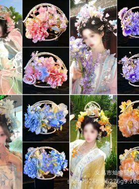 新品原创宋制绢花双面花冠头饰古风汉服发饰花仿珍珠花冠山口冠