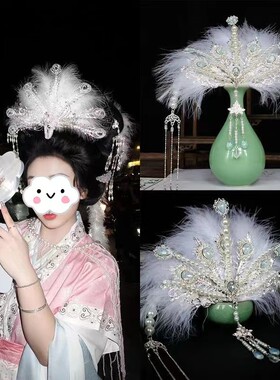 女儿国同款汉服嫦娥羽毛发冠流苏古装风造型珍珠银丝超仙国风发饰