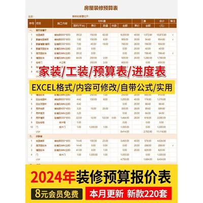 2024新款装修预算报价表家装工装公司材料价格表模板清单半包全包