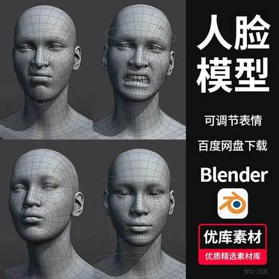 Blender人物头部模型3D人脸面部基础网格建模素材带绑定可调表情