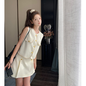 盐甜系穿搭小香风套装裙女夏季新款无袖上衣显瘦设计感短裙两件套图片