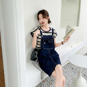 学院风牛仔连衣裙女夏薄款2025年新款背带裙内搭条纹上衣图片