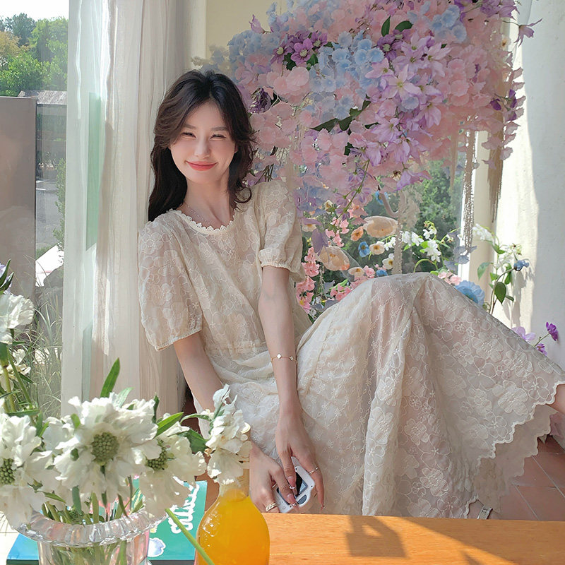 法式泡泡袖白色连衣裙女2025夏季新款设计感气质温柔风蕾丝仙女裙,女装连衣裙,浙宝157（原165A）