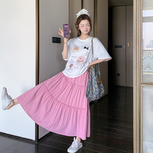 卡通T恤半身裙两件套女夏2025新款高腰气质显瘦中长款蛋糕裙套装图片