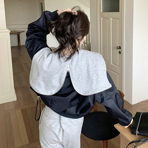 黑色大翻领棒球服外套女2025春季新款韩版小个子休闲宽松夹克上衣图片
