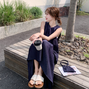 简约背心连衣裙女夏季宽松显瘦背心裙中长款假两件休闲过膝长裙子图片