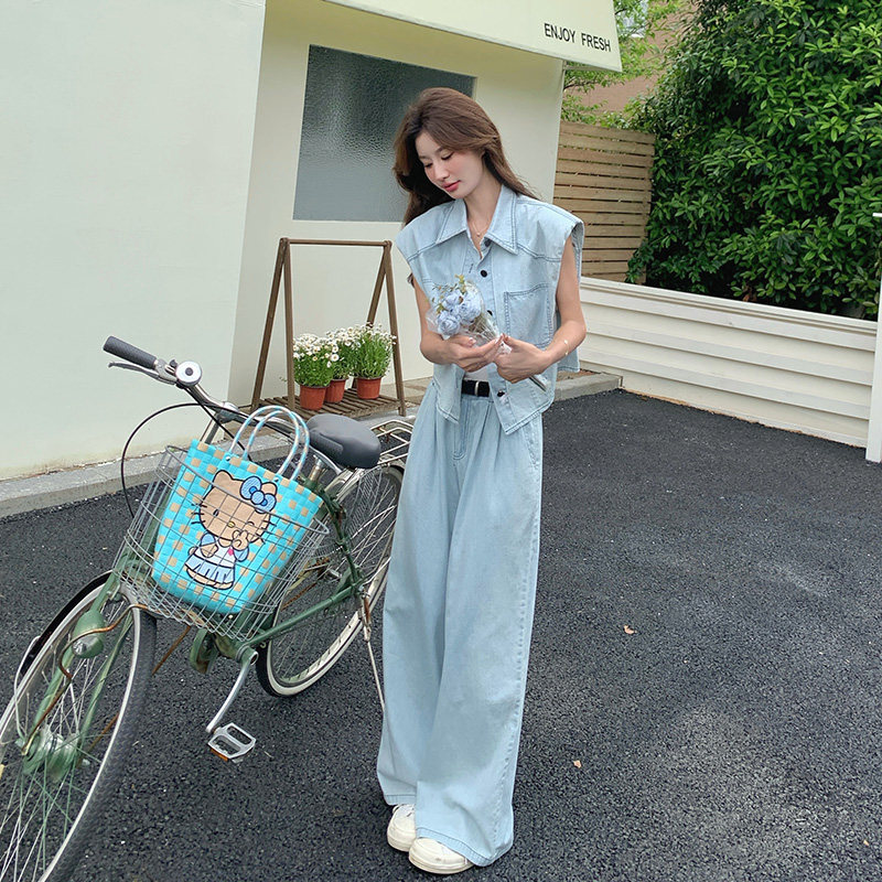 今年流行夏日baggy风穿搭女2025新款复古无袖牛仔上衣长裤两件套,女装套装/套裙,浙宝157（原165A）