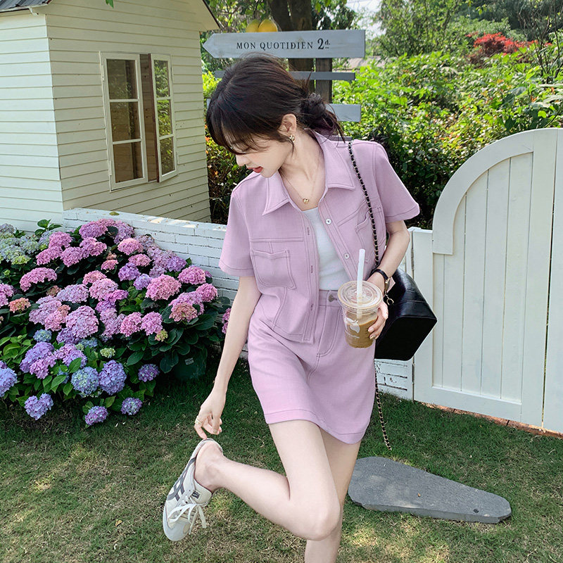 粉紫色时尚工装套装裙女2025年夏季新款小个子短袖衬衫短裙两件套,女装套装/套裙,浙宝157（原165A）
