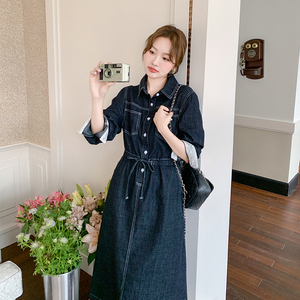 蕾丝拼接牛仔连衣裙女2025春季新款韩系学院风减龄收腰显瘦衬衫裙图片