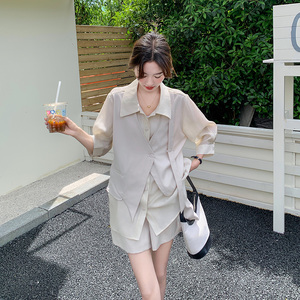 设计感假两件衬衫上衣气质套装女夏新款休闲显瘦小个子短裤两件套图片
