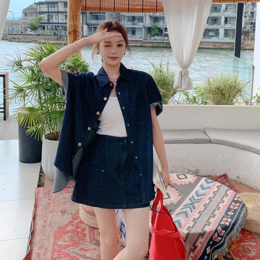 盐甜系穿搭薄款牛仔衬衫套装女夏季新款休闲显瘦小个子短裙两件套,女装套装/套裙,浙宝157（原165A）