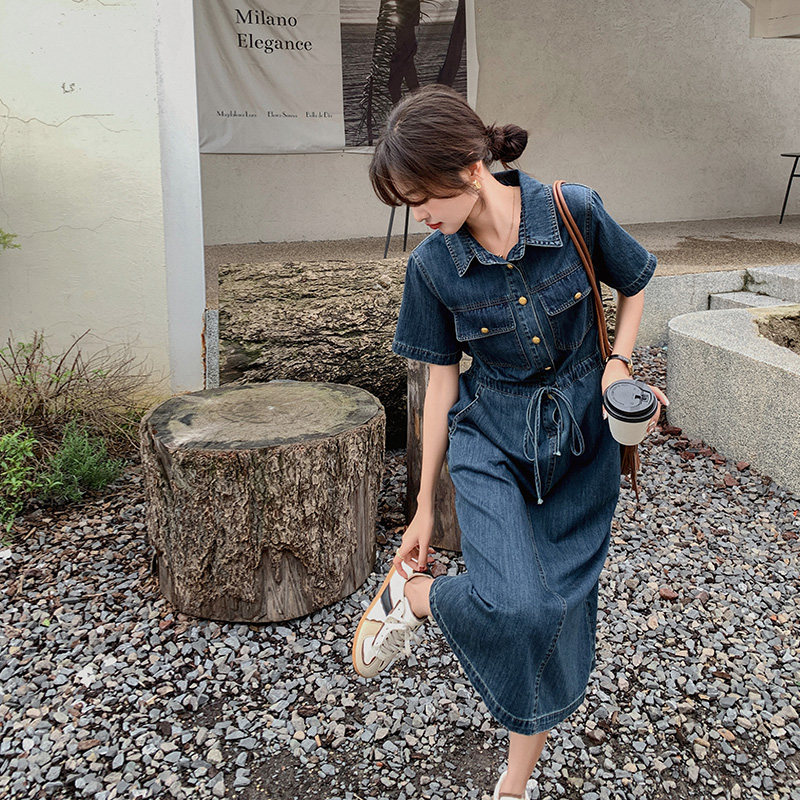 深蓝色复古牛仔连衣裙女2025夏季新款法式轻熟风气质显瘦衬衫长裙,女装连衣裙,浙宝157（原165A）