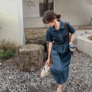 深蓝色复古牛仔连衣裙女2025夏季新款法式轻熟风气质显瘦衬衫长裙图片