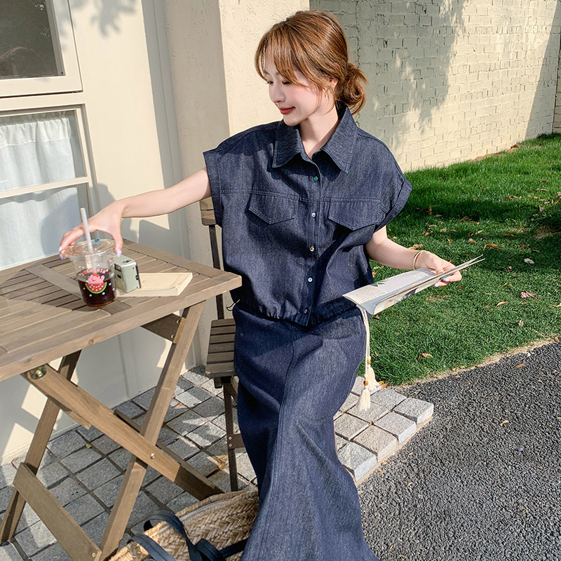 高级感复古牛仔套装裙女2025夏季新款韩系短袖衬衫半身裙两件套潮,女装套装/套裙,浙宝157（原165A）