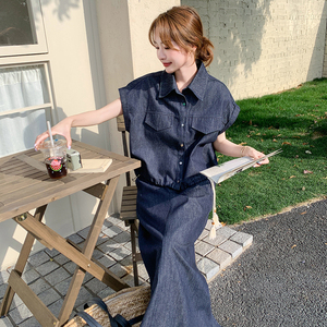 高级感复古牛仔套装裙女2025夏季新款韩系短袖衬衫半身裙两件套潮图片