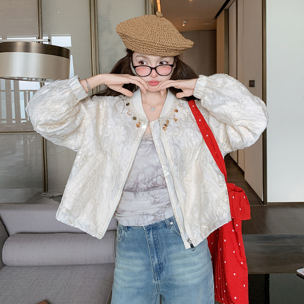 白色亮片刺绣棒球服外套女2025春季新款独特超好看小个子夹克上衣，女装短外套，浙宝157（原165A）