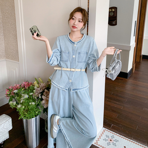 2025春秋新款韩系减龄木耳边牛仔外套长裤两件套女高级感休闲套装图片