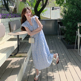蓝色海边度假连衣裙女2025夏季新款小飞袖高级感减龄气质碎花长裙，女装连衣裙，浙宝157（原165A）