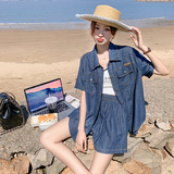 时尚宽松牛仔单排扣上衣淡人套装夏季2025新款宽松高腰短裤两件套，女装套装/套裙，浙宝157（原165A）