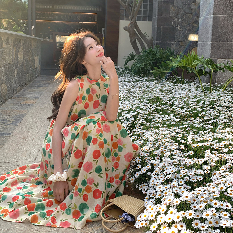 法式复古浪漫印花背心裙女2025夏季新款宽松显瘦文艺范无袖连衣裙，女装连衣裙，浙宝157（原165A）