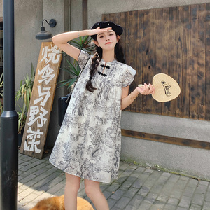 新中式水墨画气质优雅连衣裙女夏季2025新款简约小众禅意显瘦长裙图片
