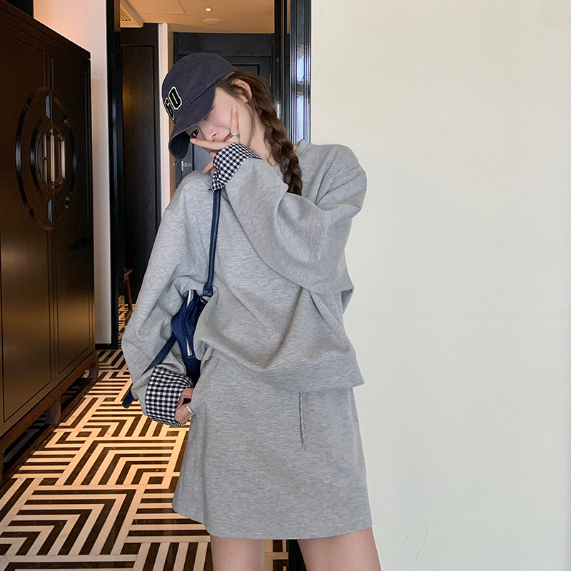 韩国chic秋季法式设计感假两件拼接格子长袖卫衣+A字半身裙短裙女,女装运动套装,浙宝157(原165A) 韩国chic秋季法式设计感假两件拼接格子长袖卫衣+A字半身裙短裙女,女装运动套装,浙宝157(原165A)