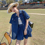 时尚宽松牛仔单排扣上衣淡人套装夏季2025新款宽松高腰短裤两件套，女装套装/套裙，浙宝157（原165A）