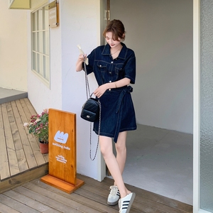 复古牛仔短袖连衣裙女2025夏季新款韩系穿搭休闲宽松显瘦中长裙潮,女装连衣裙,浙宝157（原165A）