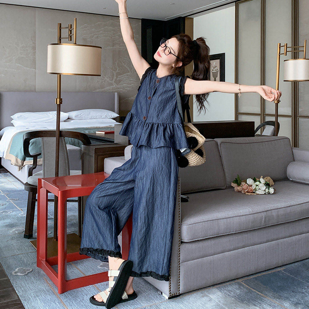 减龄花边拼接牛仔马甲阔腿裤套装女夏2025新款大方得体穿搭两件套，女装套装/套裙，浙宝157（原165A）