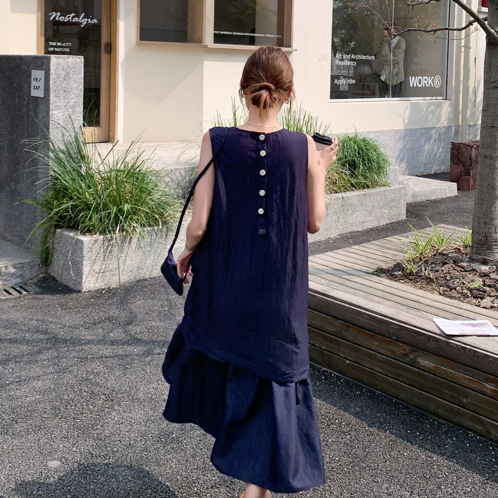 深蓝色气质假两件连衣裙女2025夏季新款韩系休闲设计感背心长裙子,女装连衣裙,浙宝157（原165A）