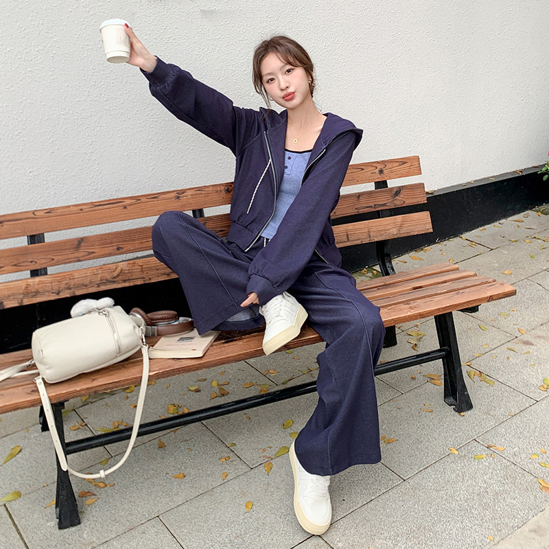 藏青色休闲连帽卫衣套装女2025春季新款超火减龄吊带阔腿裤三件套,女装运动套装,浙宝157（原165A）