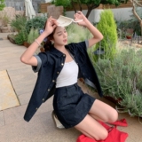 大方得体穿搭深蓝色牛仔外套配半身裙套装女夏超火休闲小众两件套，女装套装/套裙，浙宝157（原165A）