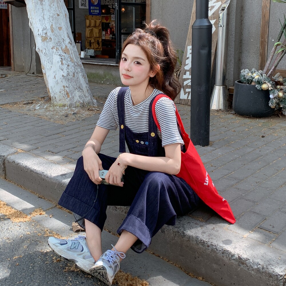 学院风气质减龄牛仔背带裤套装女2025夏季新款复古条纹T恤两件套,女装套装/套裙,浙宝157（原165A）