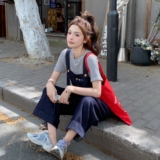 学院风气质减龄牛仔背带裤套装女2025夏季新款复古条纹T恤两件套，女装套装/套裙，浙宝157（原165A）